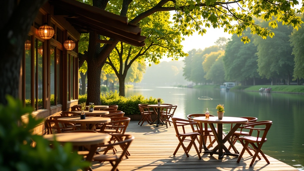 Charming riverside cafe with outdoor seating overlooking the water and cycling path