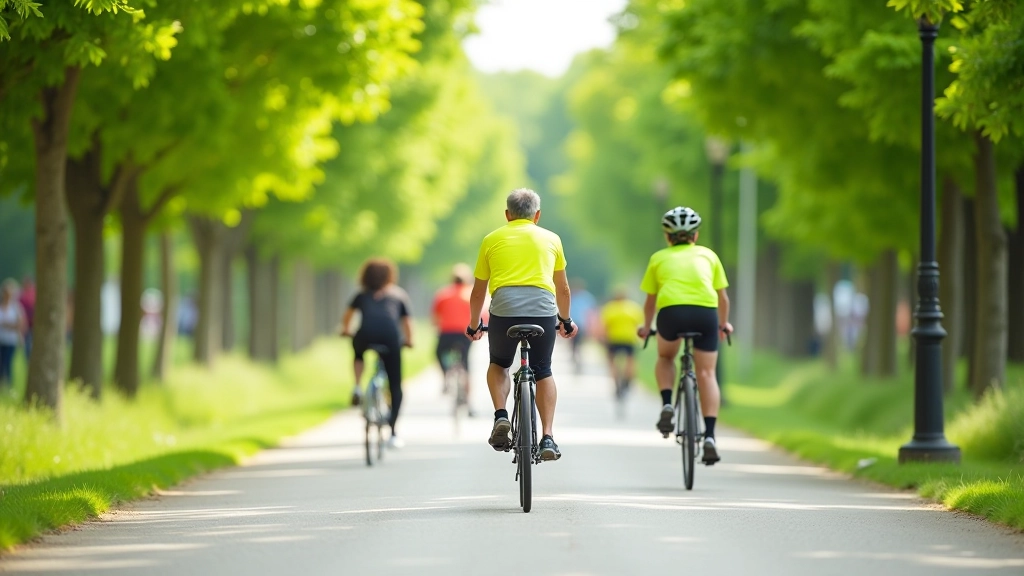 Multiple cyclists and pedestrians peacefully sharing a wide waterfront cycling path with clear visibility and space