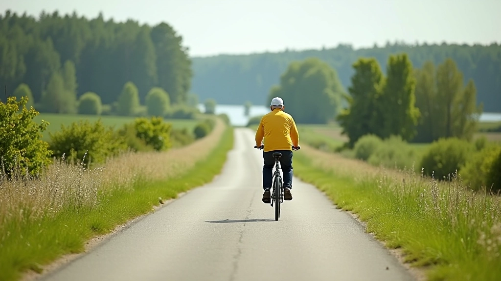 Flat cycling path through rural Latvian landscape with river on one side, forest on other, clear weather