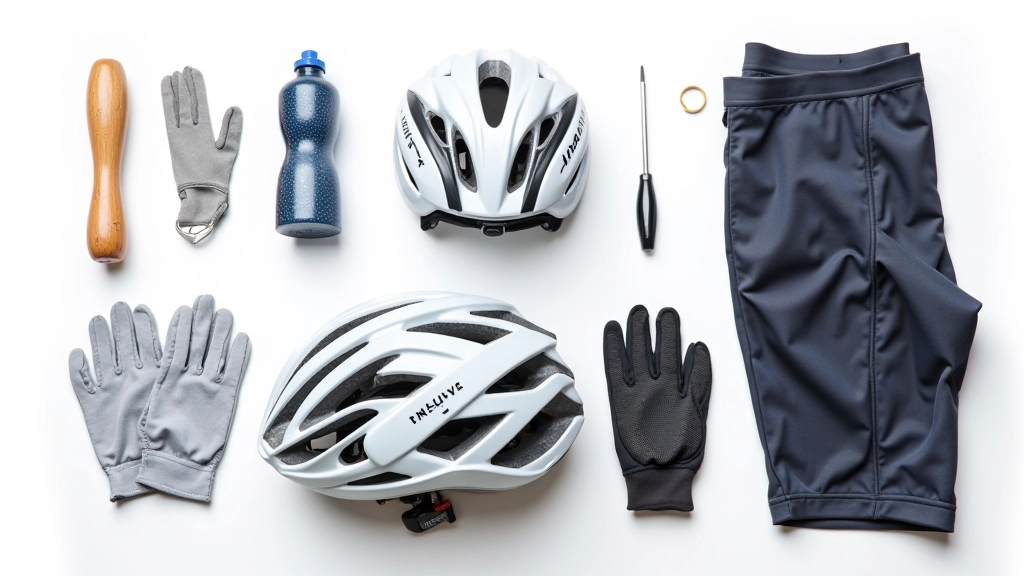 Cyclist's essentials laid out: helmet, cycling gloves, padded shorts, water bottle, and repair kit on neutral background