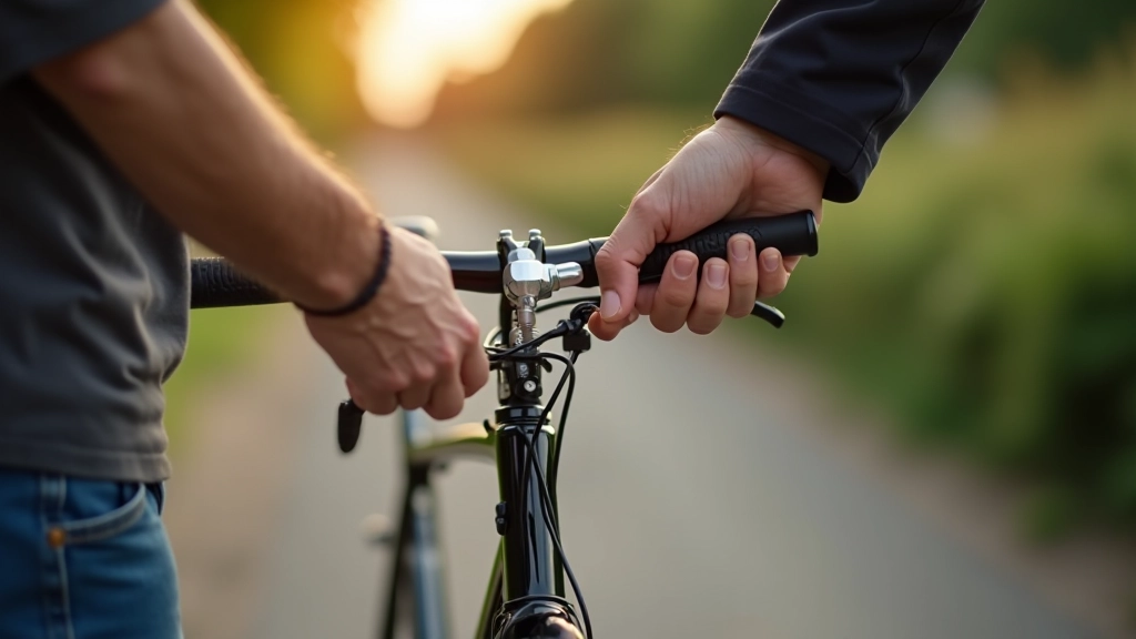 Close-up of bicycle maintenance with hands checking tire pressure on a canal path bike