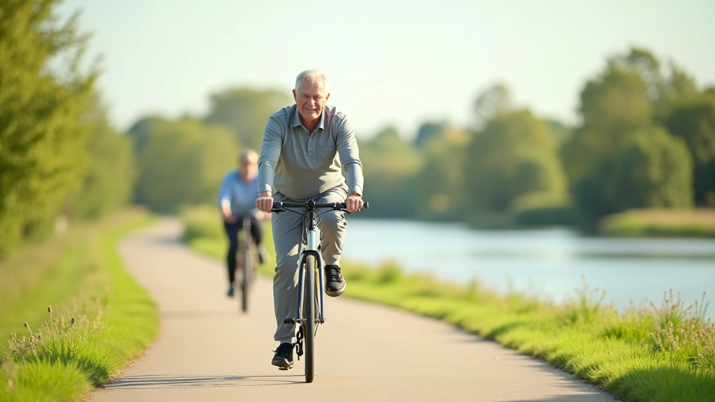 Senior cyclists enjoying peaceful ride along Jelgava canal waterway