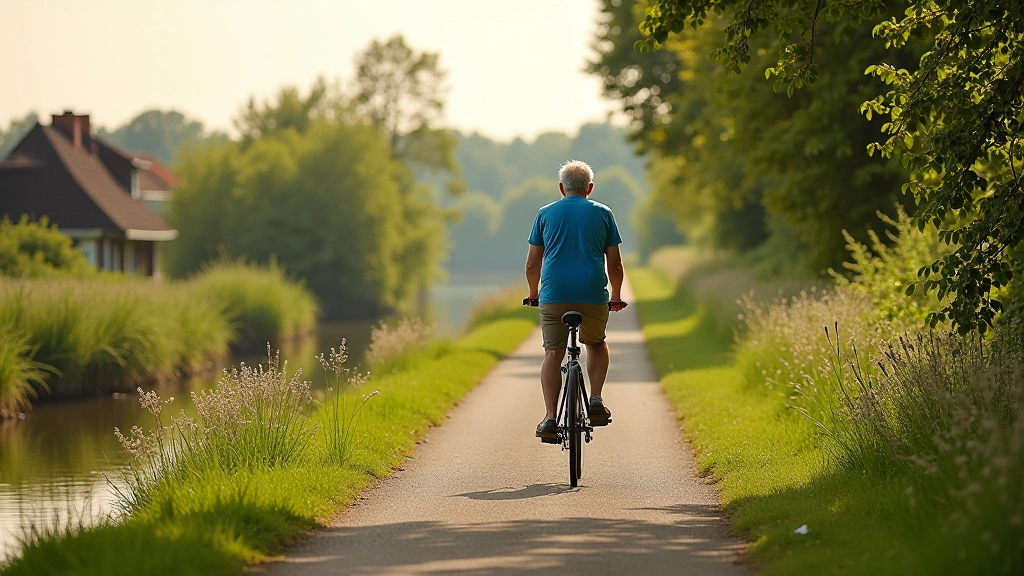 Peaceful village cycling path with traditional Latvian countryside landscape and water views