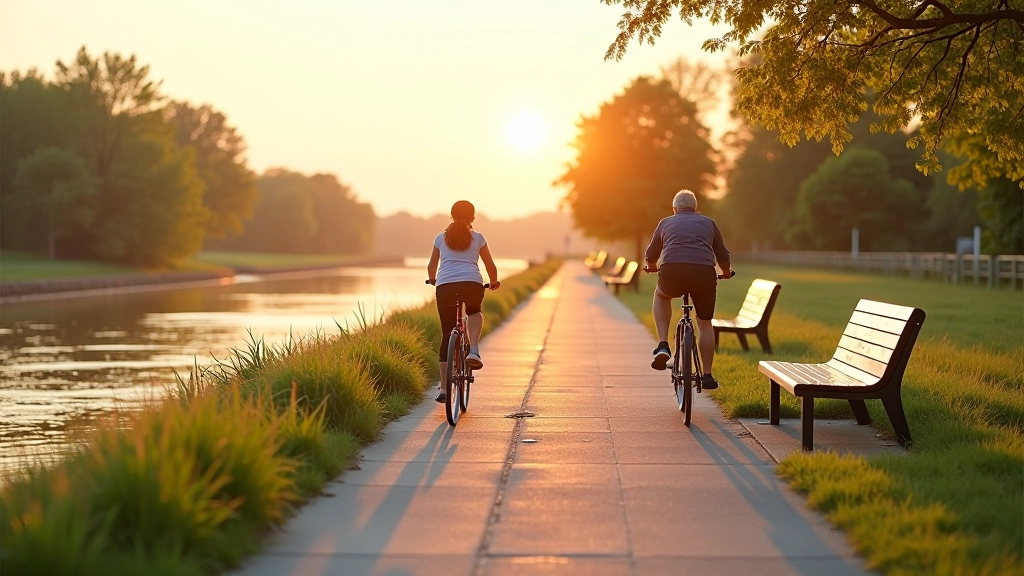 Scenic Jelgava waterfront area with modern cycling path and riverside benches