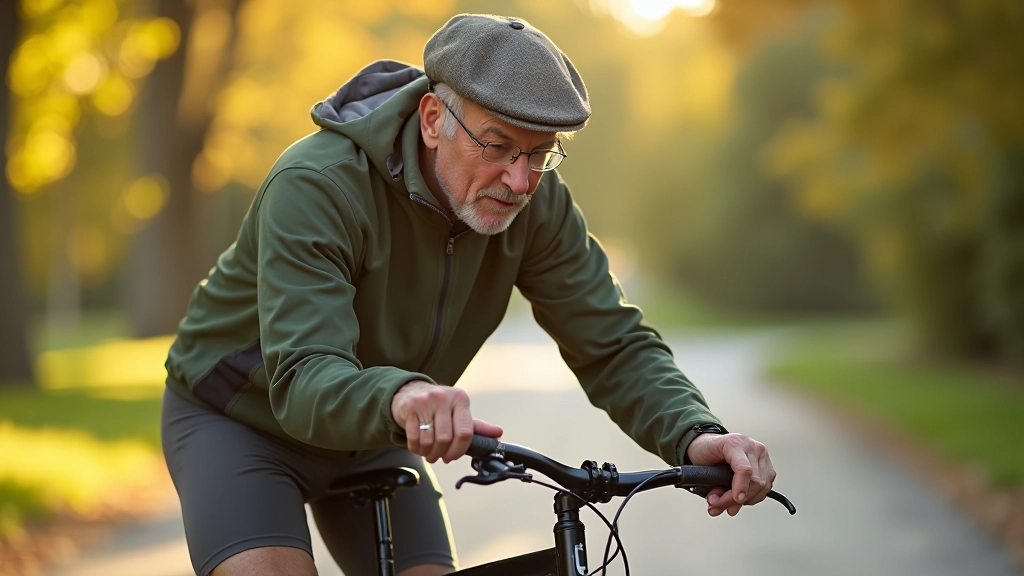 Cyclist checking bike tire pressure and brake response before a ride, standing with hybrid bike in driveway