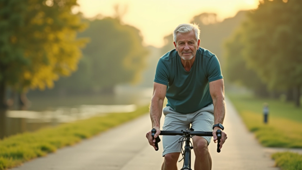 Senior cyclist enjoying peaceful ride along scenic waterway with tree-lined banks and calm water reflection