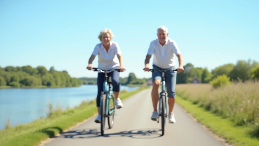 Two senior cyclists riding side by side on flat waterfront path with blue sky and water view