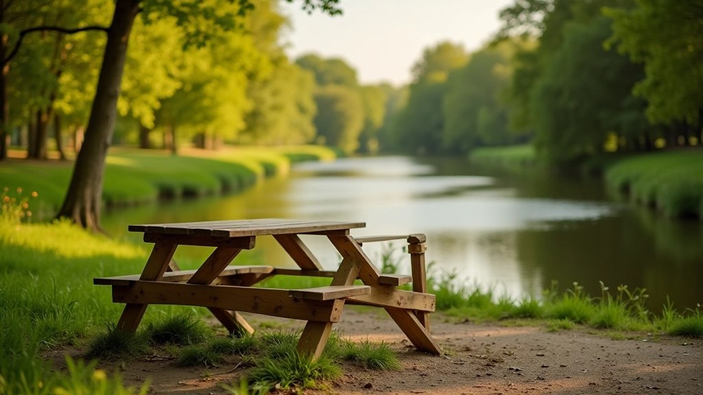 Rest area with picnic table and bicycle rack near river, surrounded by trees, peaceful setting